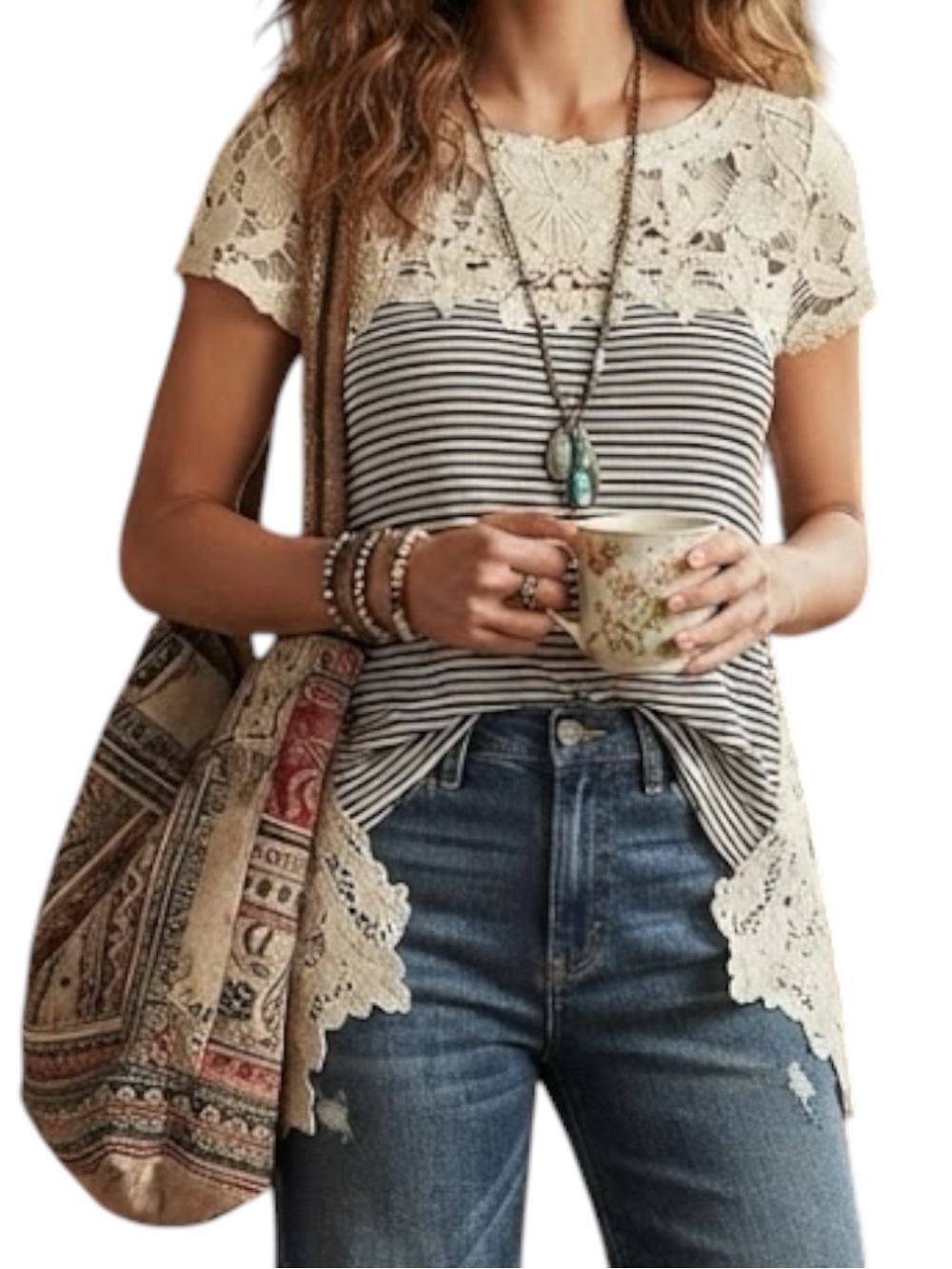 ANTHROPOLOGIE MEADOW RUE Stripe Crochet Front Top Navy XS